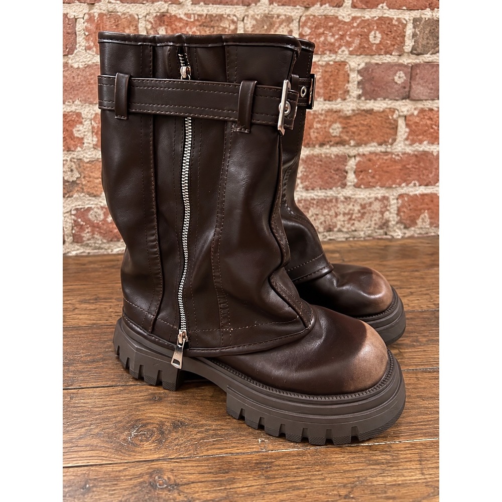 Dark Brown Moto Boots Distressed Lug Sole 8.5 Cyber Punk Grunge Fall Y2K Utility